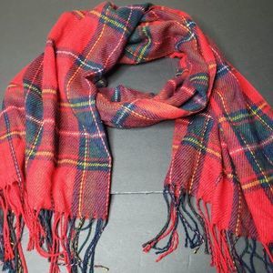 Bright Red Tartan Plaid Long Soft Neck Scarf 24x72 Fringe Fall Cozy